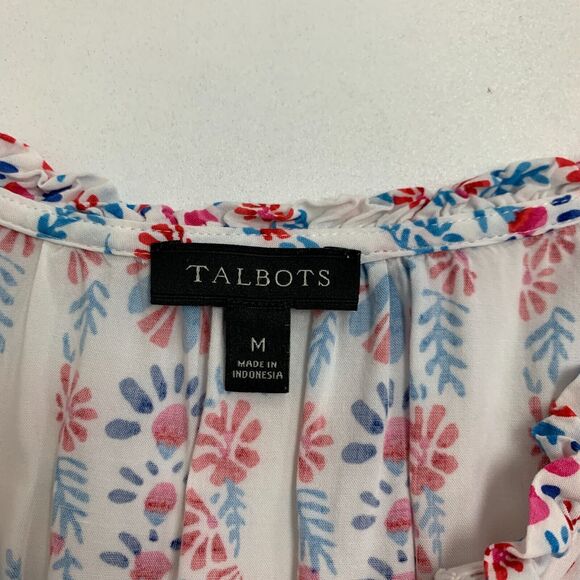 Talbots Blouse Womens M Medium White Blue Shirred Notch Floral Peasant Paisley - Picture 9 of 14